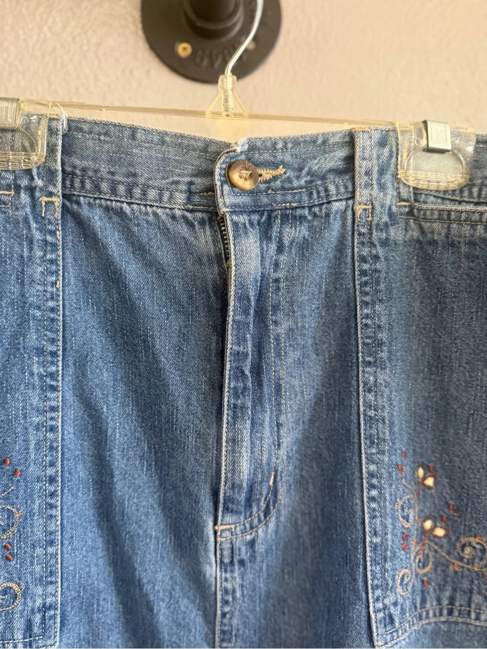 White Stag Blue Denim Maxi Skirt with Embroidered Pockets